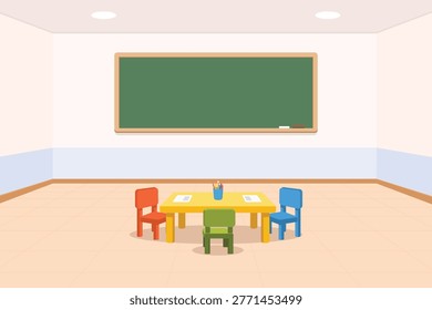 Vector illustration of a kindergarten classroom interior with a green chalkboard, small colorful chairs, and a yellow table with school supplies.