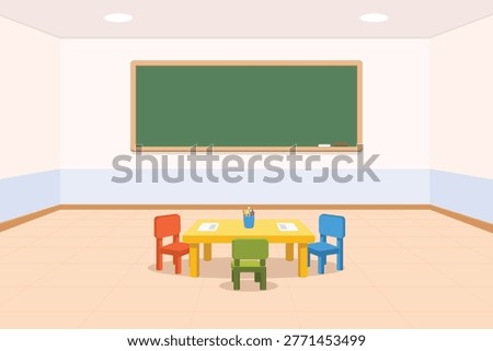 Vector illustration of a kindergarten classroom interior with a green chalkboard, small colorful chairs, and a yellow table with school supplies.