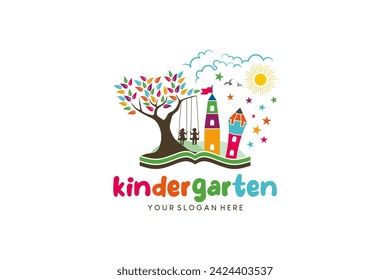Vector illustration of kindergarten logo design, colorful playground for education