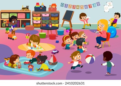 A vector illustration of Kindergarten Students in Their Classroom 