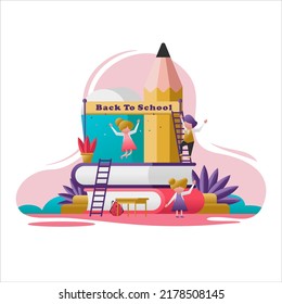 Vector illustration of kindergartners having fun welcoming the new day of school, perfect for illustration of children, children's books and kindergarten banners