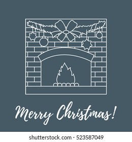 Vector illustration with kindled fireplace, garland, Christmas balls and stars. Winter elements for banner, flyer, poster or print.