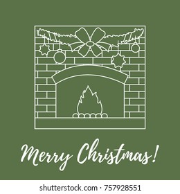 Vector illustration with kindled fireplace, garland, Christmas balls and stars. Winter elements for banner, flyer, poster or print.