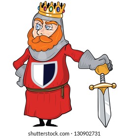 Vector illustration of king character, knight posing with sword and crown