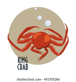 Vector illustration: King Crab icon. Big Red King Crab isolated on a round light background. Crustacean. 