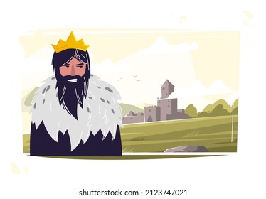 vector illustration of the king the face of a bearded man in the background of a landscape with a medieval castle on the horizon
