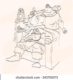 Vector illustration - A king and his men. Adviser and bodyguard. Line drawing.