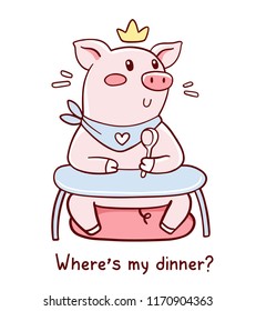 Vector illustration of king hungry pig in golden crown sitting at the table with bib and spoon waiting for food. Hand drawn line art style design of symbol of the new year 2019 for web, greeting card