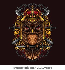ilustración vectorial del búho rey con corona y varias armas