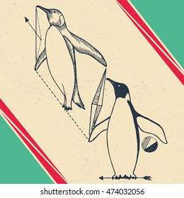 Vector illustration of king penguins. Isolated hand drawn ink sketch in line art graphic style with dot and geometric elements. Engraved on vintage background. Design for advertisement, web, book.