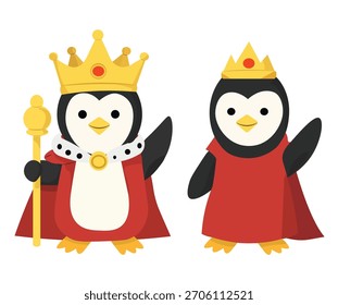 Ilustración vectorial de los pingüinos rey y reina agitando sus manos y el rey llevando un cetro,