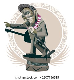 Ilustración vectorial de la cantante King rockabilly tiki con guitarra, micrófono y frontera a mano hawaii