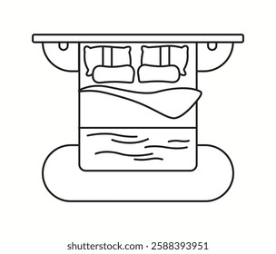 Vector illustration of a king-size bed with two pillows and bedside tables in top view. A perfect addition to bedroom layouts and interior design plans.