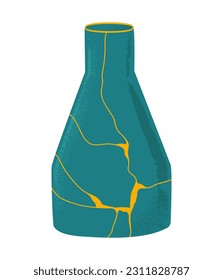 Vector illustration of Kintsugi ceramic vase. Dishes made in oriental technique with golden lines. Restored antique tableware. Isolated design on a white background.