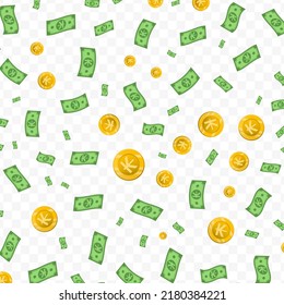 Vector illustration of Kip currency. Random pattern of banknotes and coins in green and gold colors on transparent background (PNG). 