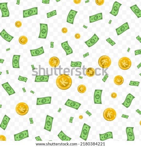 Vector illustration of Kip currency. Random pattern of banknotes and coins in green and gold colors on transparent background (PNG). 