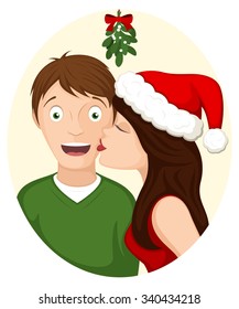 Vector illustration of a kiss beneath the mistletoe.