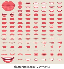  vector illustration of a kiss, red lips isolated, smile male and female mouth, 