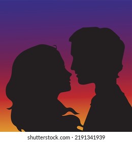Vector illustration. kiss at sunset. silhouette of a couple in love