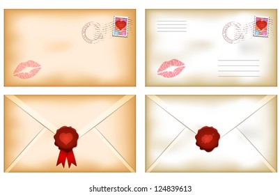Vector illustration of kissed Valentine's day envelopes with wax seal stamp
