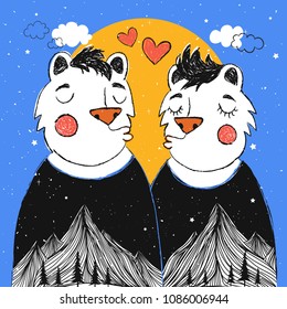 Vector illustration with kissing cartoon couple of bears with moutain landscape, stars, pine trees, hearts and clouds. Romantic greeting card design with animals