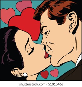 Vector illustration of a kissing couple in a pop art/comic style.