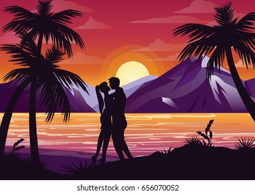 Vector illustration of kissing couple silhouette on the beach under the palm tree on sunset background and mountains in flat style.