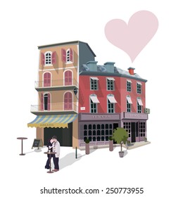 Vector illustration of kissing couple in a street cafe on some Europe street. Greeting card for Valentines Day.
