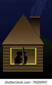 Ilustración vectorial de la pareja de besos en la ventana de la cabaña nocturna