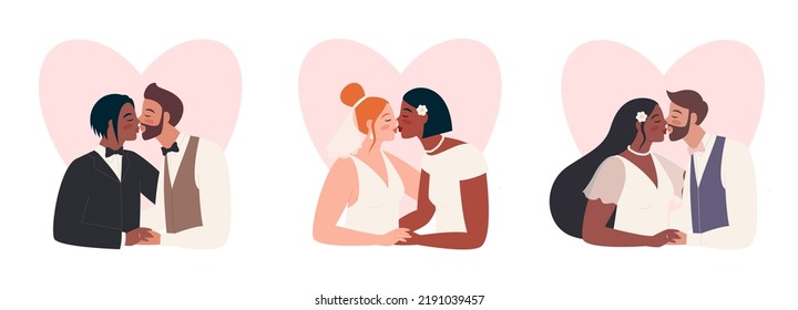 Vector Illustration Of Kissing Just Married. Wedding Of Homosexual And Heterosexual Interracial Couples. Marriage Of Different Sexual Orientated Couples