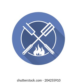 Vector illustration of kit for a barbecue on blue round with long shadows. Flat style