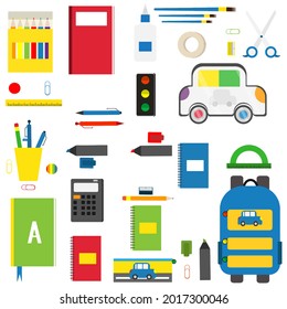 Vector illustration. Kit . School supplies for the boy.