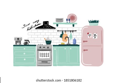 Vector illustration of the kitchen. Kitchen appliance. Oven, pot, coffee maker, refrigerator. Cabinets, shelves.