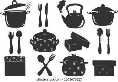 Vector illustration of kitchen appliance and tableware set. Pot, pan, kettle, spoon, fork, knife, box. Vintage hand drawn style.