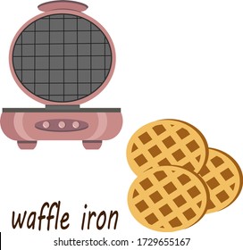 Vector illustration of kitchen appliances. Waffles and waffles-iron. Drawing on a white background.