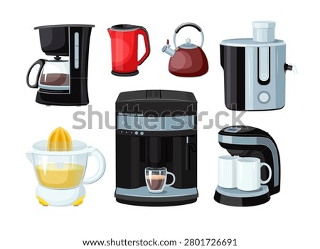 Vector illustration of kitchen beverage appliances. Coffee machines, electric kettles, and juice extractors isolated on white background.