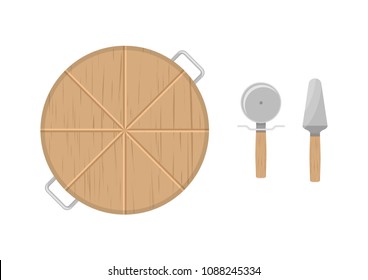 Vector illustration. Kitchen board cutter and shovel for pizza.