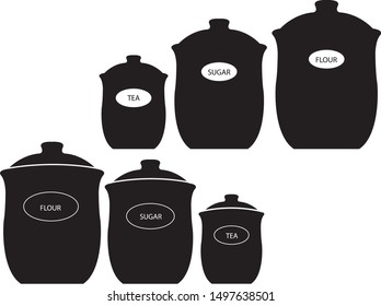 vector illustration of kitchen canisters with the words tea, sugar and flour. Silhouette of canister sets isolated on white background
