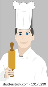Vector illustration of a kitchen chef holding a rolling pin