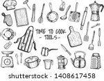 Vector illustration of the kitchen cooking tools and appliances. Cutting board, knife, grater, weights, french press, utencils, kettle, pan, pot, rolling pin, moka pot, apron, corcskrew, whisk, salt a