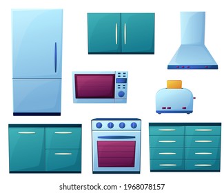 Vector illustration of kitchen electrical appliances. Kitchen furniture in cartoon style. Isolated on a white background. Refrigerator, oven, toaster, extractor hood, microwave oven, cabinets