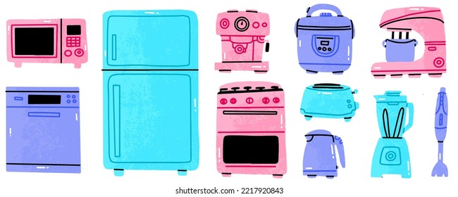 Vector illustration of kitchen electrical appliances. Kitchen furniture in cartoon style. Isolated on a white background. Refrigerator, oven, toaster, microwave oven, kettle, multicooker
