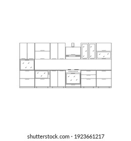 A vector illustration of a kitchen furniture set isolated on white background. Designed for prints, backgrounds, as a coloring book page, for adults and kids.