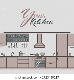Vector illustration of kitchen furniture for a furniture store. Stylish badge, card, invitation, banner template. Furniture lettering typography poster. EPS 10