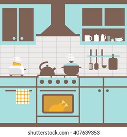 Vector illustration of kitchen with furniture. Kitchen utensils,cooker, kitchen furniture, toaster. Food cooking room. Flat style for web, analytics, graphic design. 