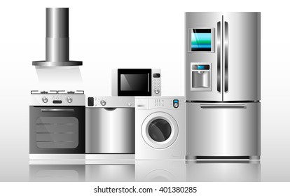 Vector illustration kitchen home appliances. Set of household technics: washing machine, dishwasher, electric oven, extractor hood, microwave and refrigerator