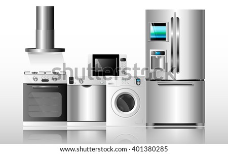 Vector illustration kitchen home appliances. Set of household technics: washing machine, dishwasher, electric oven, extractor hood, microwave and refrigerator