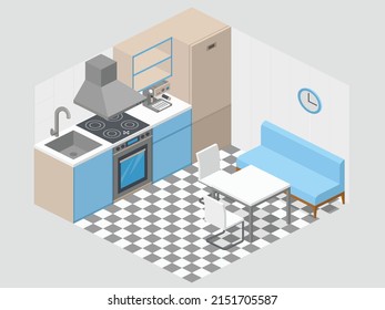 Vector illustration of a kitchen inside the house. kitchen decoration design dining table