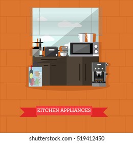 Vector illustration of kitchen interior with kitchen appliances in flat style. Microwave, toaster, mixer, blender, coffee maker, kettle, furniture.