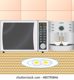 Vector illustration of the kitchen interior in the early morning including microwave oven, coffee maker, plate with fried eggs.